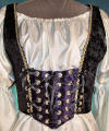 underbust corset, black and purple, renaissance wear, front view